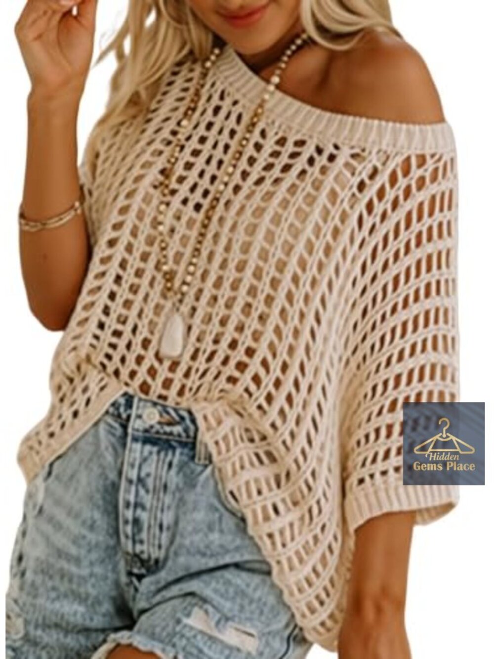 Womens Crochet Hollow Out Short Sleeve Sweater Knit Pullover Beach Coverup